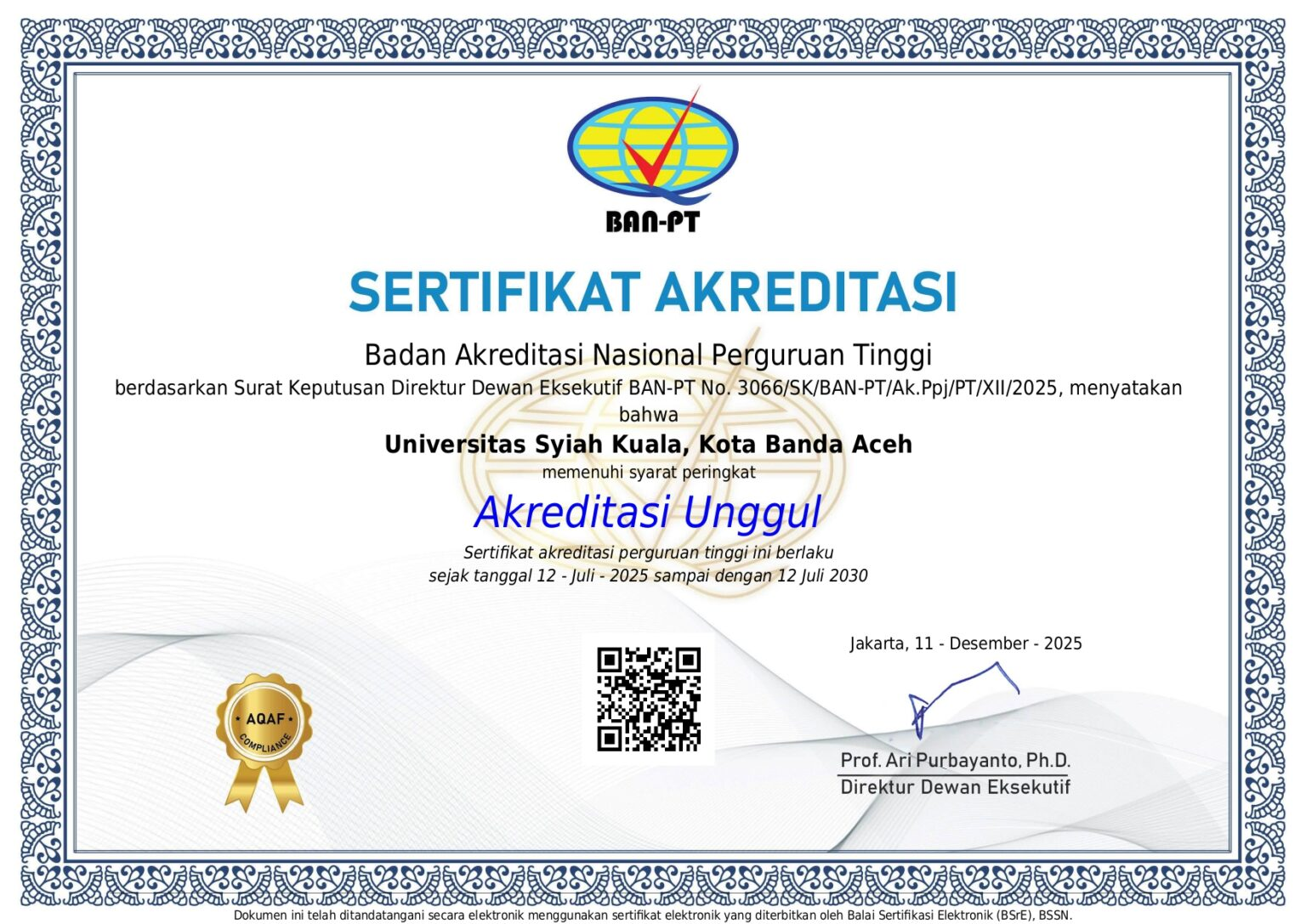 Sertifikat Akreditasi Unggul Universitas Syiah Kuala